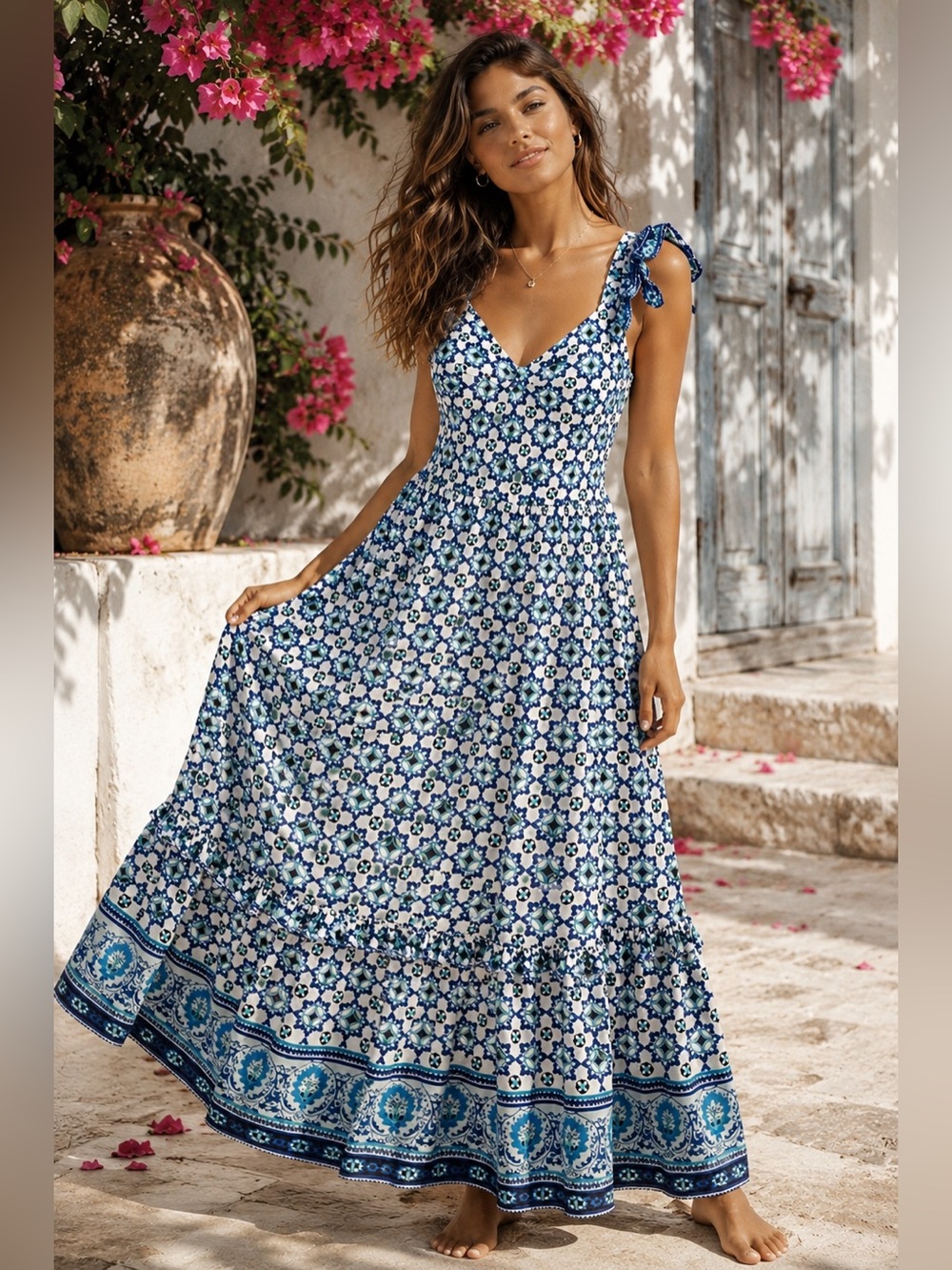 NWT Lucky Brand Womens Blue Boho Floral Maxi Dress Large